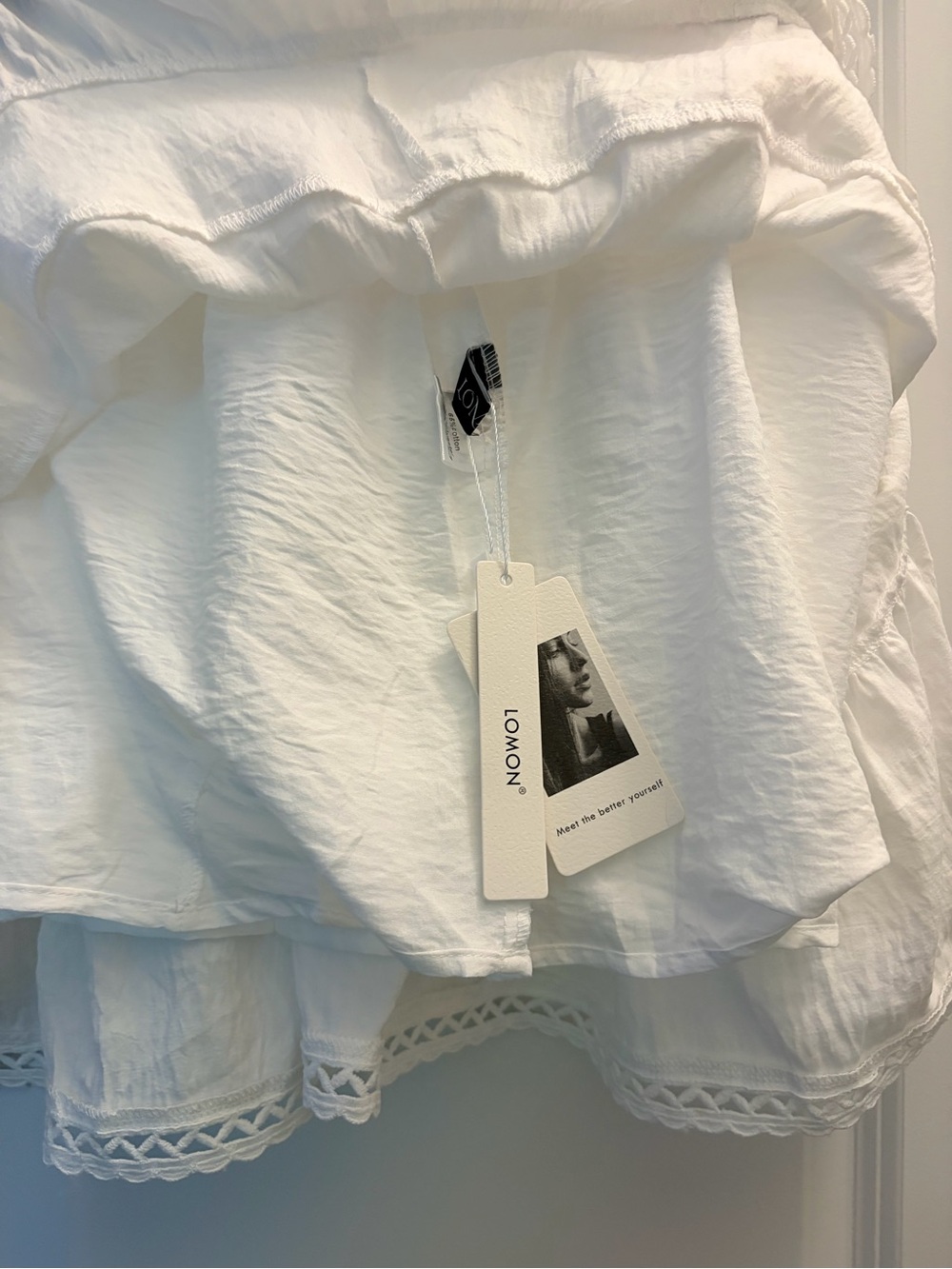 Lomon White Tiered Mini Skirt NWT Medium Cotton Boho Cottagecore Elastic Waist - Picture 7 of 8